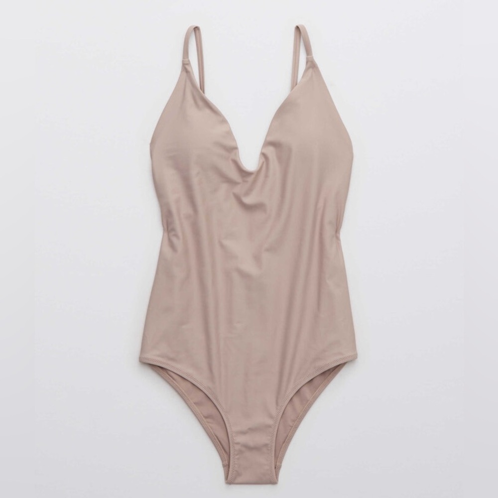 Aerie Taupe One-Piece Scoop Neck Cheeky Swimsuit Sz Small Long Beach Cruise Pool